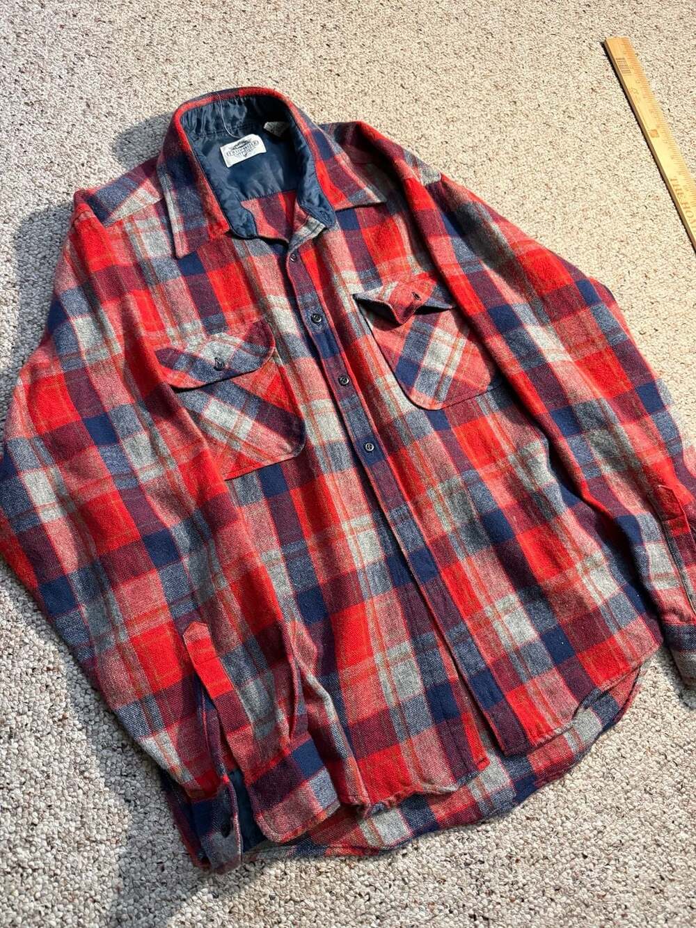 Vintage Fieldmaster Men's XL Plaid Wool Blend Flannel Button Down Shirt Red Blue